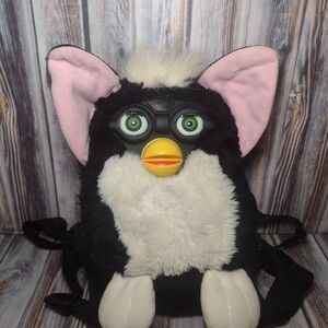 1999 Furby Green Eyed Black White Plush with Pink Ears Backpack Tiger Electronic